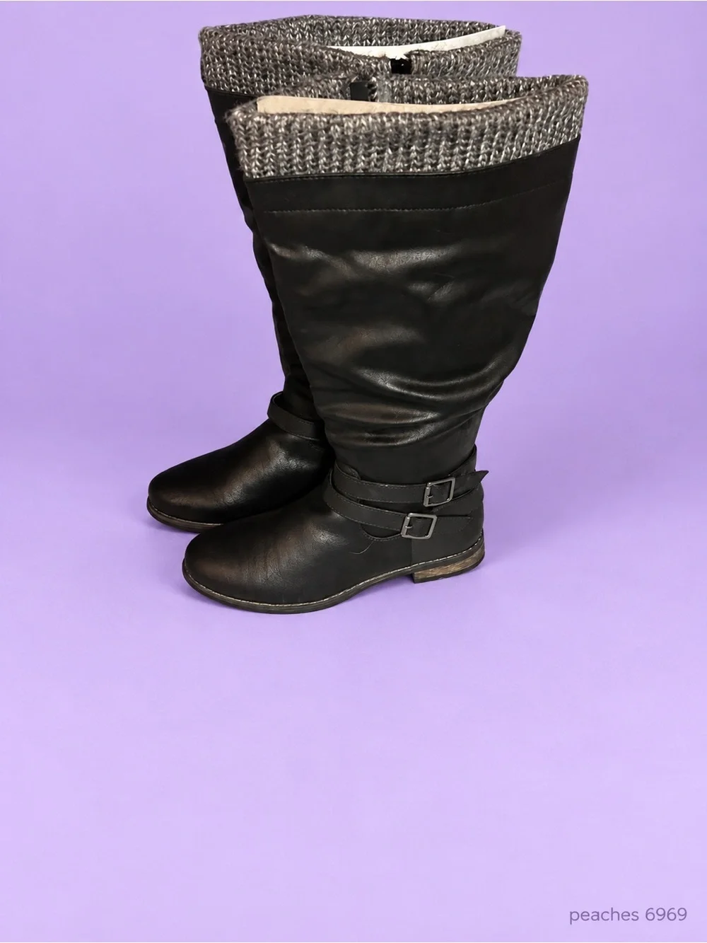 Gorgeous Wide calf Black Knee-high Boots with Gray Knit Cuff